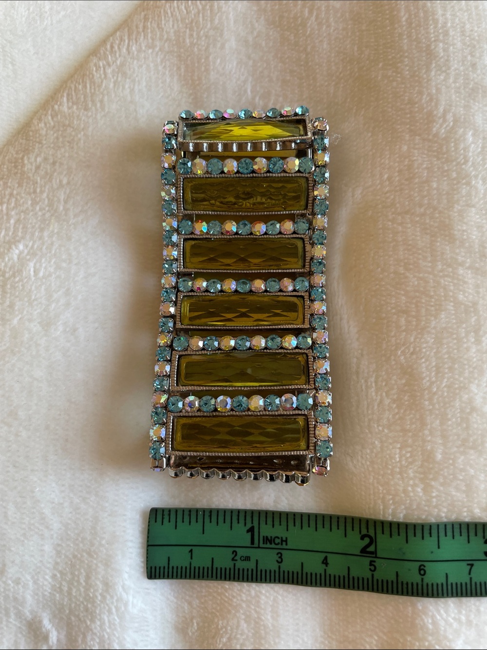 JCChina Iridescent Rhinestones Silver Wide Green Panel Stretch Bracelet Crystals - Picture 8 of 11